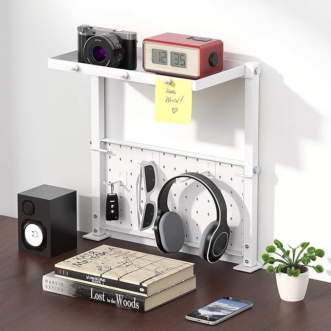 Jumyee Metal Clamp On Desk Shelf with 2-Tier Storage, 270° Flip Magnetic Clamp On Pegboard Organizer with 6 Hooks, Desktop Organizer White Desk Shelf for Home Office Gaming Accessories(White)