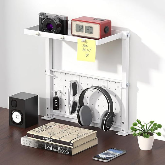 Jumyee Metal Clamp On Desk Shelf with 2-Tier Storage, 270° Flip Magnetic Clamp On Pegboard Organizer with 6 Hooks, Desktop Organizer White Desk Shelf for Home Office Gaming Accessories(White)
