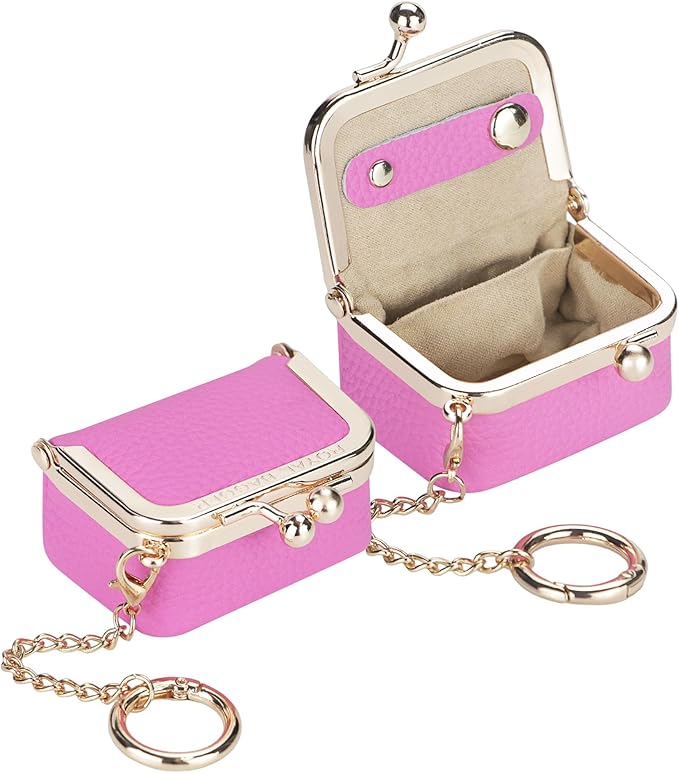 Royal Bagger Genuine Cow Leather Mini Jewelry Box Women's Coin Purse Solid Color Kiss Lock Change Pouch Casual Style Small Storage Bag for Women 1894 (Rose with Chain)