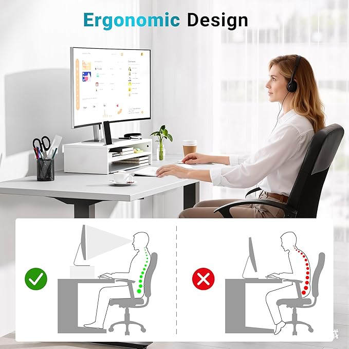 BONTEC Wood Monitor Stand Riser, 2-Tier Desktop Organizer with Storage, Ergonomic Computer Stand for Desk, Cable Management, Cellphone Holder, 21.3 Inch Shelf, White