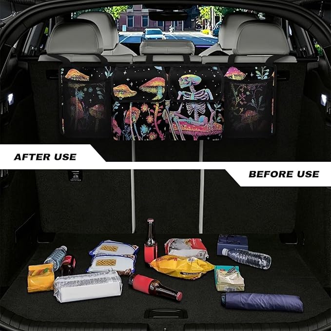 Mushroom Skeleton Car Seat Organizer Bakseat with Storage Pockets, Backseat Car Organizer with 4 Compartment, Collapsible Cargo Bag for SUV, Truck, MPV,Van