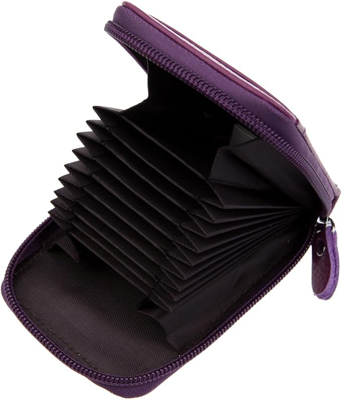 RFID Blocking Genuine Leather Mini Credit Card Case Organizer Compact Wallet with ID Window - Purple