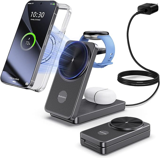 Wireless Charger for Google, 3 in 1 Wireless Charging Station for Pixel Watch 3/2 Charger, Fast Charger Stand for Fitbit Versa 4/3/Sense 2, Google Pixel 10/10a/9/Pro/8(Not for Pixel Watch 4/1)