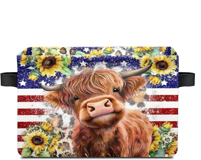 Patriotic American Cow Highland Storage Bins Oxford Fabric Storage Basket for Shelves for Organizing Closet Shelf Nursery Toy with Handles 10 x 14 x 8 inches