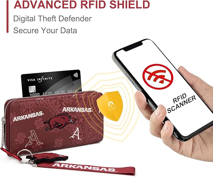 Arkansas Razorbacks Official Wristlet Wallet with RFID Blocking Card Slot, Arkansas Team Logo Clutch Purse, Mini Clutch Wallet for Fan Gift, Game Day, Concert | Red, NC-AFU011BDY
