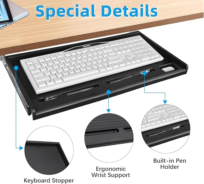 TOOCUST Under Desk Keyboard Tray, 20" Wx11"D Sturdy Key Board Tray Under Desk Slide with Pen Tray, Desk Extender with Pen Holder,Black