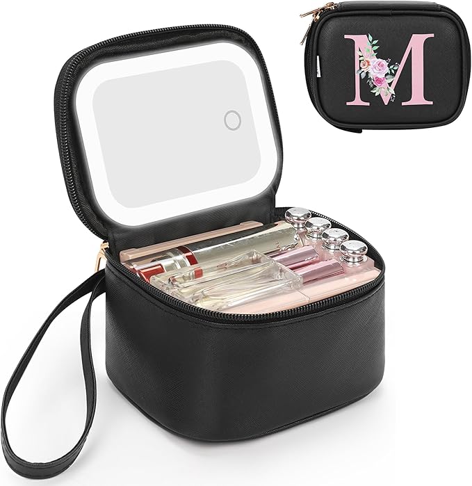 Relavel Mini Makeup Bag with Led Mirror for Mothers Day Gifts, Initial Cosmetic Bag with 3 Lighting Modes, Personalized Travel Bag, Preppy Make Up Pouch for Trip - Black M