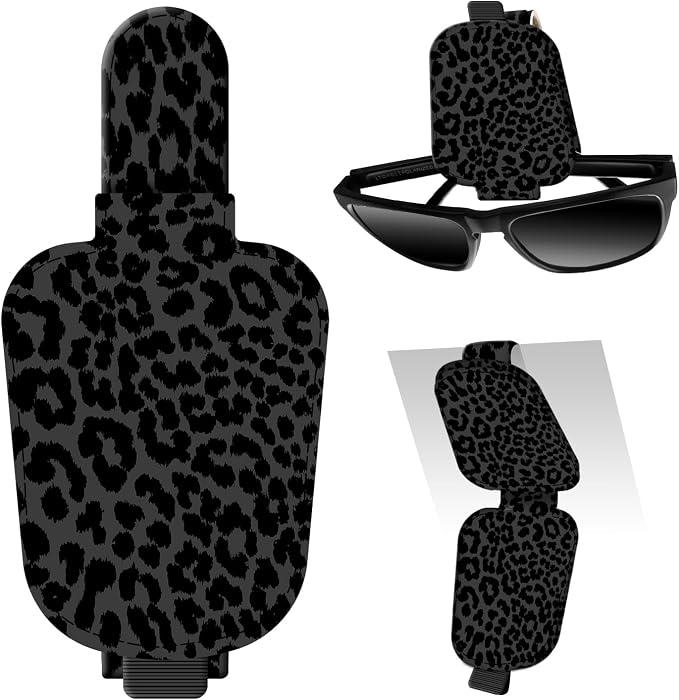 Leather Magnetic Sunglass Holder for Car Sun Visor, Cute Eyeglass Ticket Card Hanger Clip, Universal Auto Interior Accessories for SUV Pickup Truck Black Leopard Print
