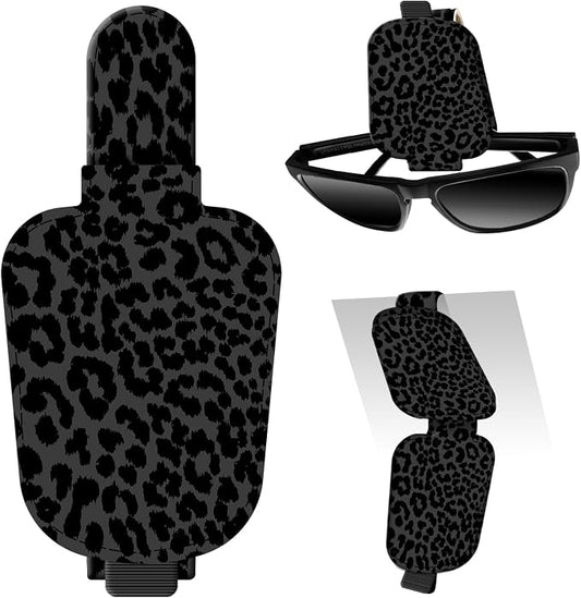 Leather Magnetic Sunglass Holder for Car Sun Visor, Cute Eyeglass Ticket Card Hanger Clip, Universal Auto Interior Accessories for SUV Pickup Truck Black Leopard Print
