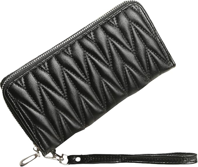 Women's Zip Wristlet Wallet - Large Capacity RFID Blocking Clutch Purse Quilted Soft Vegan Leather Travel Organizer