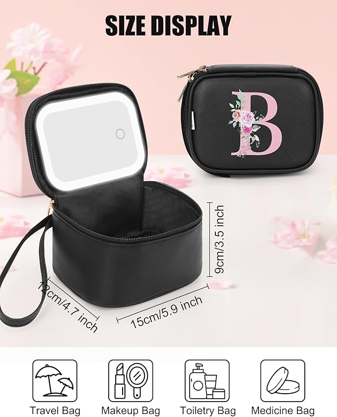 Relavel Mini Makeup Bag with Led Mirror, Bridesmaid Gifts for Women, Initial Travel Cosmetic Bag with 3 Lighting Modes, Personalized Make Up Pouch for Party Camping - Black B