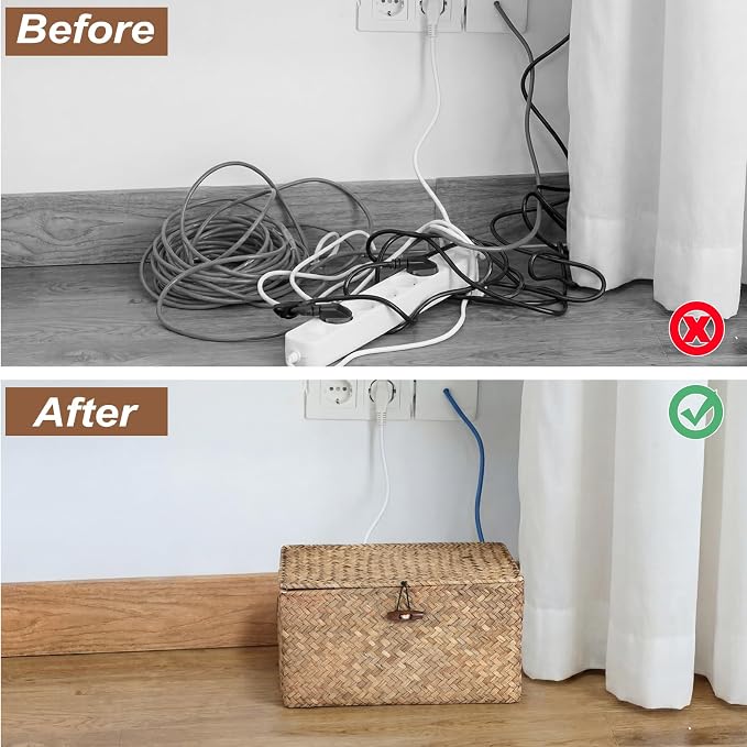 BTSKY Woven Cable Management Box with Lid, Seagrass Cord Organizer with 2 Open Slots for Power Strips & USB Hubs, Under Desk Cord Hider Box for Home Office, Pet Proofing Wire Basket, Small