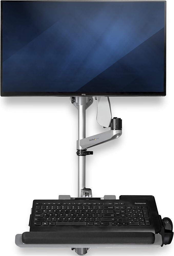 StarTech.com Wall Mount Workstation - Articulating Standing Desk w/Ergonomic Height Adjustable Monitor Arm & Padded Keyboard Tray - 34" VESA Display - Foldable Wall Mounted Sit Stand, TAA