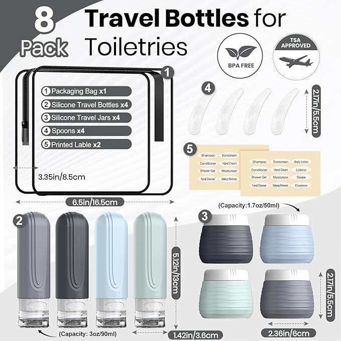 Travel Bottles for Toiletries 8 Pack, TSA Approved Travel Size Toiletries Containers Set, 4 Silicone Leak Proof Refillable Bottles and 4 Creams Jars Accessories Kit W/Clear Bag (GRAY)