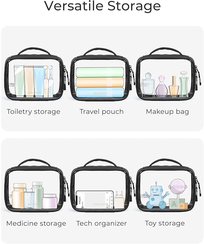 BAGSMART Clear TSA-Approved Toiletry Bag, Puffy Edges Travel Makeup Bag, Large Opening with Handle, Clear Cosmetic Bag with Double Zipper for Women (Black, 1Pack)