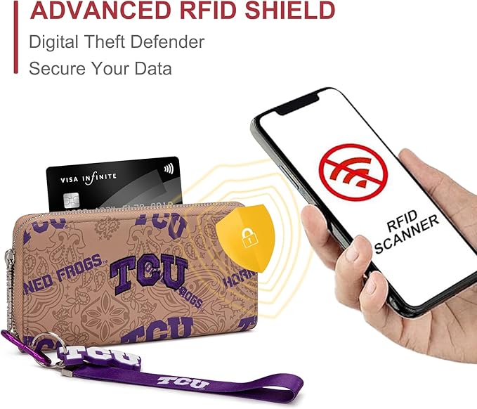 TCU Organizer Wallet with RFID Blocking Card Slot & Keychain, TCU Team Logo Wristlet Wallet, Zip Clutch Purse for Gift, Game Day, Travel | Khaki, NC-TCU011KH