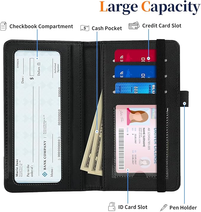 Premium PU Leather Checkbook Cover for Men & Women,RFID Blocking Slim Check Book Holder with Duplicate Check Divider & Pen Holder,Fits Standard Personal Checks,Camouflage Forest Deer-2