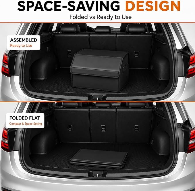 Car Trunk Organizer, Foldable Cargo Storage Box with Hook-and-Loop Lid, Suede & Faux Leather Trunk Organizer for SUV Sedan Truck, Adjustable Divider, Handles, Black, 19.7inches