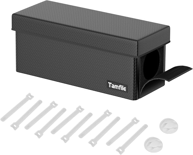 Tamfile Cable Management Box, Fireproof Foldable Cord Organizer and Cover, Heat Resistant Large Power Strip Organizer for TV Wires, Computer and USB Hub with Cable Clips & Reusable Cable Ties (Black)