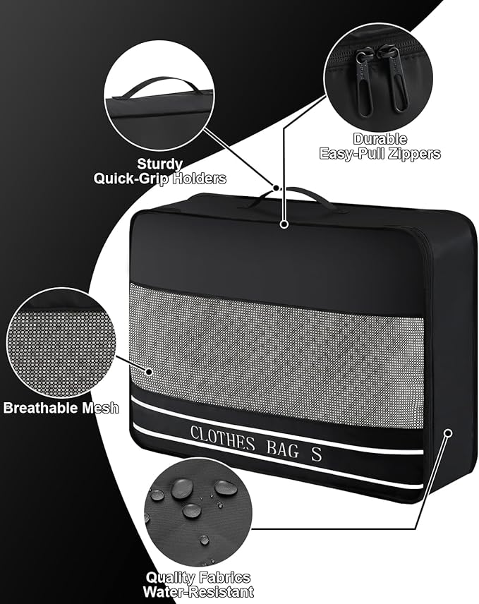 9 Set Packing Cubes Luggage Packing Organizers for Travel Accessories Space Saving Travel Bags for Carry On, Lightweight Mesh Zipper, Clothes, Shoes, Laundry and Shoe Bag, Suitcases (BLACK)