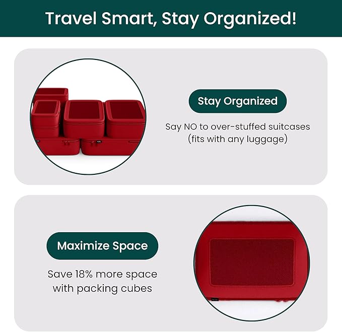 NOBL Travel Compressible Packing Cubes Set, 6 Pieces Travel Packing Organizers, Compression Luggage Cubes for Suitcases & Carry On, Space Saving - Cherry Red