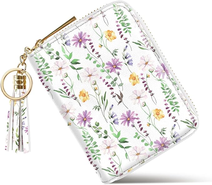 Coco Rossi Leather Credit Card Wallet for Women, RFID Blocking Zipper Cards Holder with Tassel, White Daisy