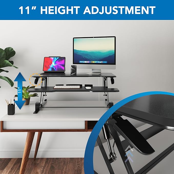 Mount-It! 38 Inch Standing Desk Converter - Gas Spring Sit Stand Desk Riser for Dual Monitors - Height Adjustable Desktop Workstation with Keyboard Tray - Black