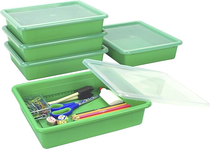 Storex Letter Size Flat Storage Tray – Organizer Bin with Non-Snap Lid for Classroom, Office and Home, Green, 5-Pack (62539A05C)