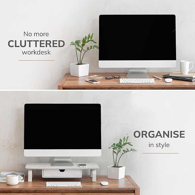 Anji Mountain Monitor Stand - Desktop Organizer & Laptop Riser, Ergonomic Monitor Riser, Space-Saving Monitor Stand for Desk, Durable Construction, Easy Assembly, Ideal for Home & Office,White Wash
