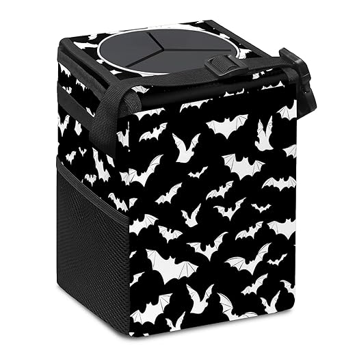 Car Trash Can with Lid Black and White Goth Bats Collapsible Reusable Leak-Proof Auto Garage Bag,Hanging Vehicle Car Accessories Interior Car Organizer
