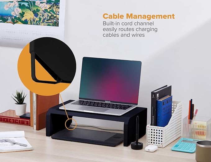 Bostitch Office Konnect Adjustable Monitor Stand Riser, 4 Height Adjustments, Built-In Cable Management, Rubber Feet - Black