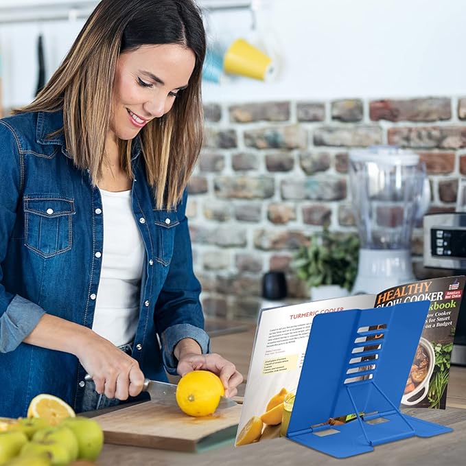 Honagu Metal Desk Book Holder, Hands Free Adjustable Cookbook & Document Holder, Portable Bookstand for Music Books, Textbooks, Recipes, Tablets & iPads (Deep Blue)