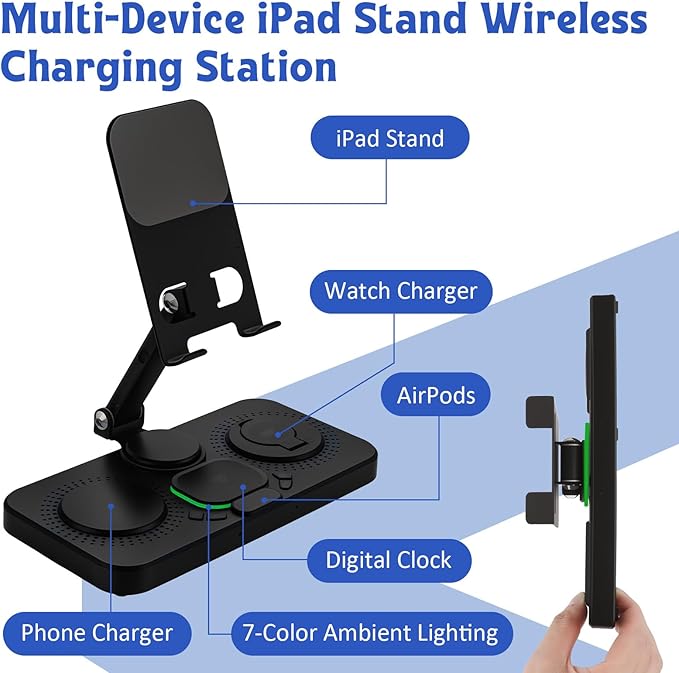 45W 6 in 1 Charging Station for Apple Multiple Devices, Wireless Charging Station with Clock & 7 RGB Light, Foldable Wired Chargers for Multiple Devices for iPhone 17/16/15, iPad, Apple Watch, AirPods