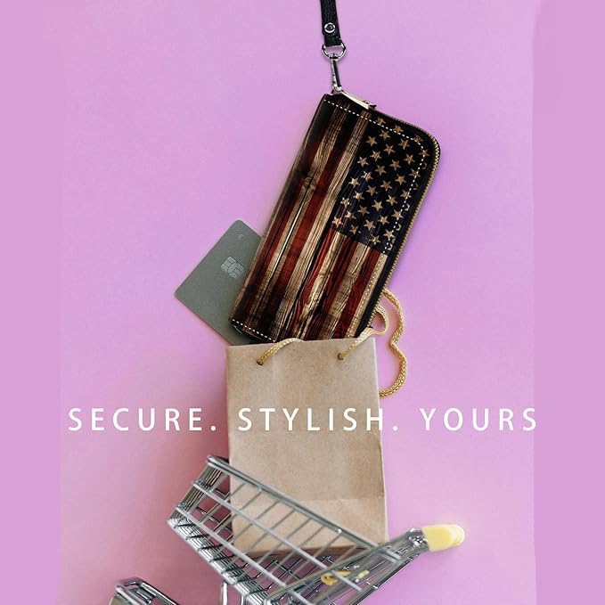 Zip Around Wallets for Women with Detachable Wrist Strap, Large Capacity RFID Blocking Leather Purse Organizer Card Holder Wristlet,American Flag on Wood