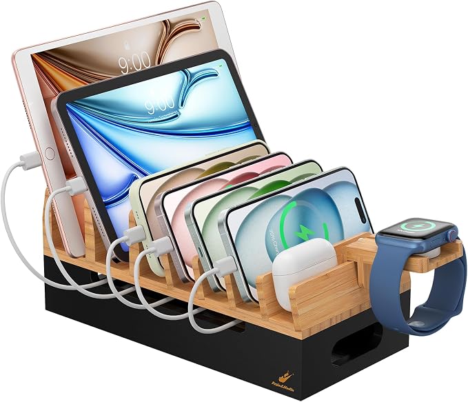 Bamboo Charging Station with Watch Stand, Docking Holder for Multi Device with 5 Charge Cables, Desktop Dock Stations Electronic Organizer for Cellphone, Tablet, Watch(No USB Charger)-Natural + Black