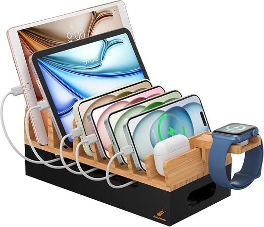 Bamboo Charging Station with Watch Stand, Docking Holder for Multi Device with 5 Charge Cables, Desktop Dock Stations Electronic Organizer for Cellphone, Tablet, Watch(No USB Charger)-Natural + Black