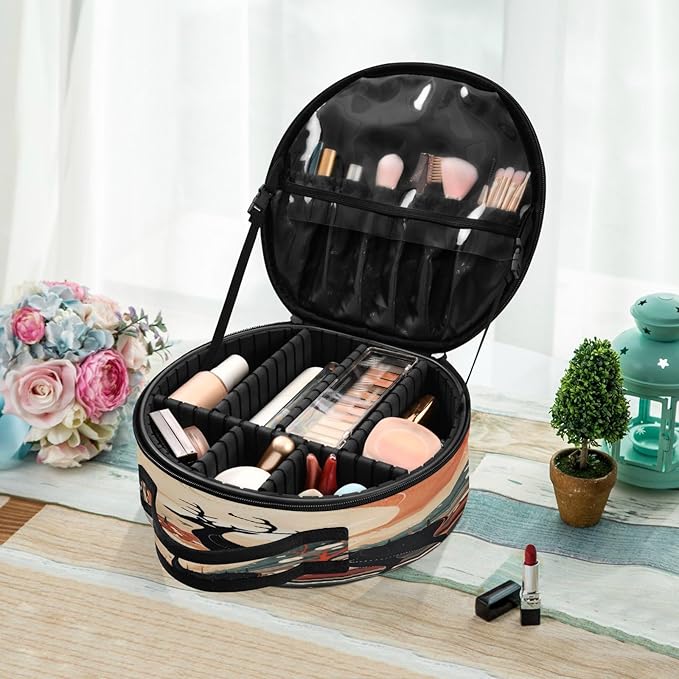 senya Round Cosmetic Pouch Travel Makeup Train Case Christmas Deer Makeup Organizer Bag with Adjustable Dividers Portable for Cosmetics Makeup Brushes Toiletry Jewelry Accessories