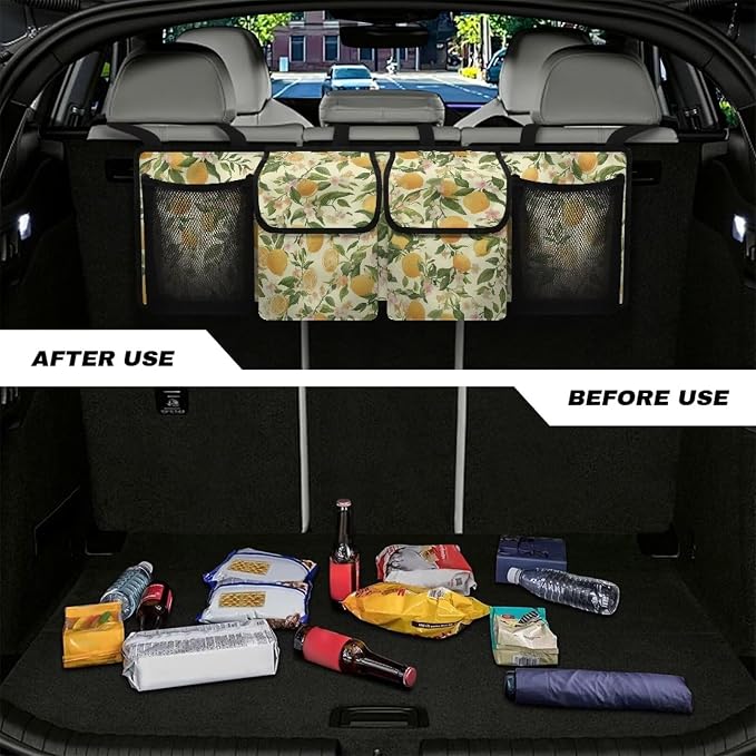 Lemon Hanging Trunk Organizer for SUV Back Seat Organizer with Elastic Net Collapsible Cargo Storage Bag Car Interior Accessories