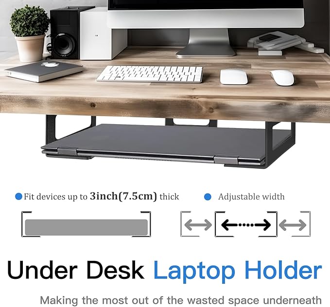 Under Desk Laptop Mount, Laptop Under Desk Mount 3 inches Tall Effective Space with Silicone Pad, Aluminum Under Desk Laptop Holder Rack for Laptop MacBook Dell OptiPlex PS4 & More