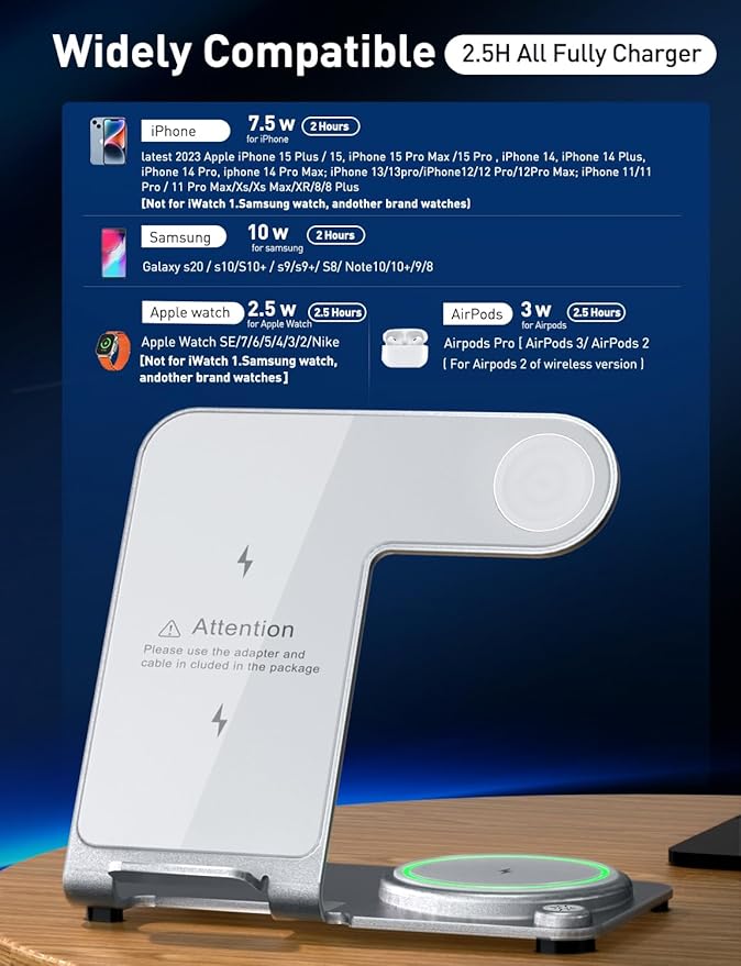 3 in 1 Charging Station for Multiple Devices Apple - Aluminum Alloy Fast Wireless Charger Stand Dock for iPhone 15/14/13/12/11/Pro/Max/XS/XR/X/Plus,for Apple Watch AirPods Desk Beside White