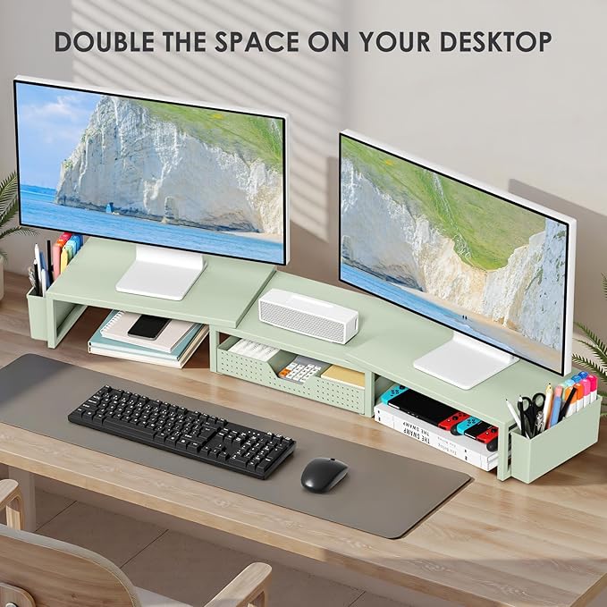 OPNICE Desk Organizers and Accessories, Dual Monitor Stand Riser with Drawer and 2 Pen Holders, Desk Shelf Metal Computer Monitor Stand for Office Workspace Organizers, Desktop Organization (Green Metal)
