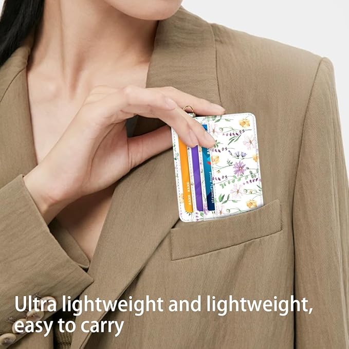 Slim Minimalist Front Pocket RFID Blocking Credit Card Holder Small Wallet Cute Card Cases for Women,White Daisy