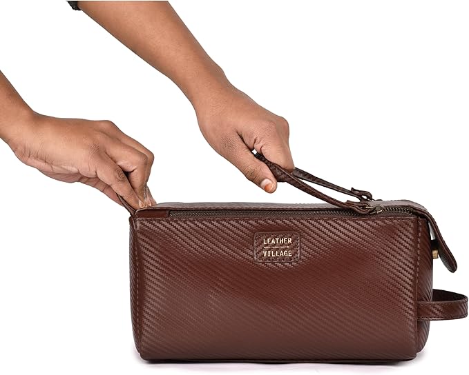 LEATHER VILLAGE Genuine Carbon Fiber Genuine Leather Travel Toiletry Bag - Large Dopp Kit, Water-Resistance Bathroom & Shaving Organizer for Men & Women - Brown