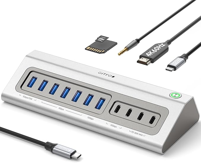 Giftos Powered USB Hub, 18 in 1 USB 3.2 Hub with 4K HDMI,PD 100W,45W Charge,10Gbps USB,SD/TF,Audio, 65W Adapter,3.3FT Cable,Aluminum,Smart Button, USB Hub for PC,Mac,Mac mini, iMac,iPhone 17/16,iPad