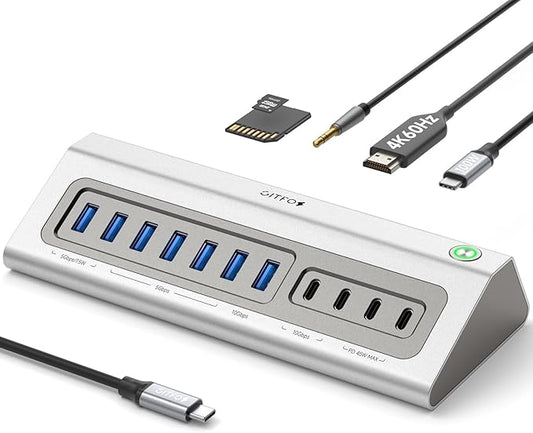 Giftos Powered USB Hub, 18 in 1 USB 3.2 Hub with 4K HDMI,PD 100W,45W Charge,10Gbps USB,SD/TF,Audio, 65W Adapter,3.3FT Cable,Aluminum,Smart Button, USB Hub for PC,Mac,Mac mini, iMac,iPhone 17/16,iPad