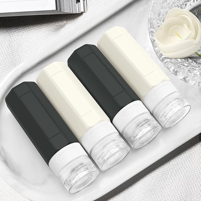 Redfly Travel Bottles for Toiletries, Tsa Approved 3oz Travel Size Containers, Leak Proof Travel Size Toiletries Bottles Silicone, BPA Free Refillable Essentials for Shampoo Conditioners, Black&White