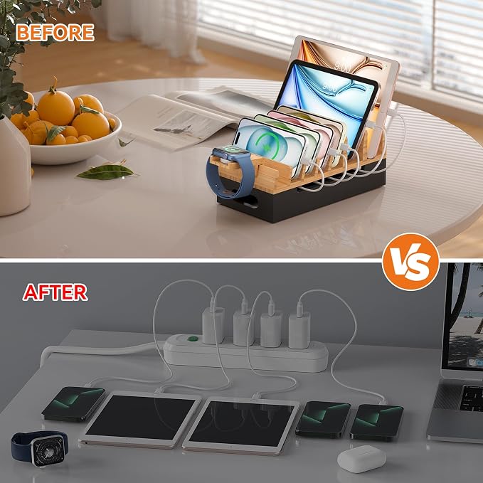 Bamboo Charging Station with Watch Stand, Docking Holder for Multi Device with 5 Charge Cables, Desktop Dock Stations Electronic Organizer for Cellphone, Tablet, Watch(No USB Charger)-Natural + Black