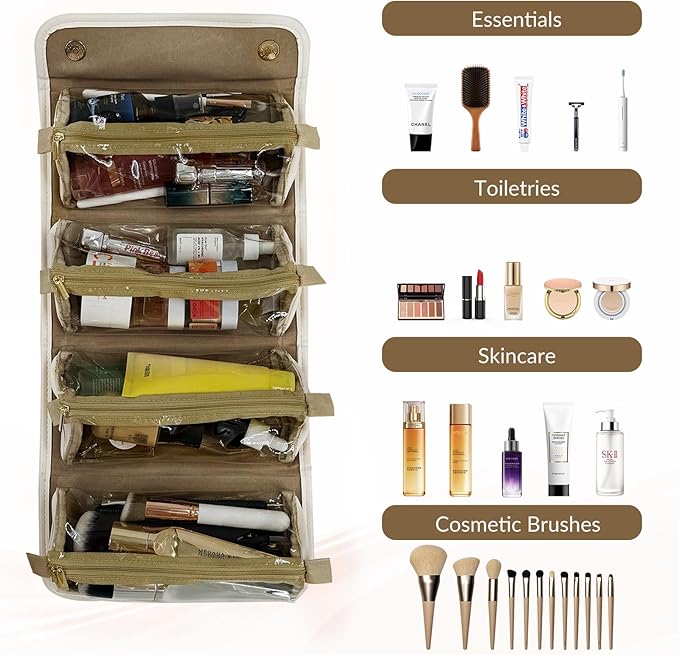 YDR 4-in-1 Travel Makeup Bag with Detachable Pouches, Large Hanging Toiletry Organizer for Women, Waterproof PU Leather Cosmetic Bag for Brushes, Toiletries & Skincare, Portable Roll Up Case