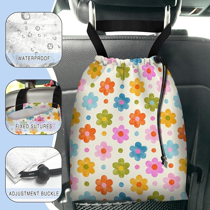 Car Trash Bag Hanging Back of Seat Waterproof Small Cute Printed One-Handed Strap Drawstring Garbage Bags for Car-Flower