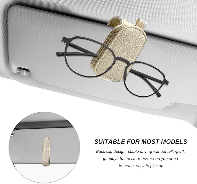 2 PCS Sunglasses Holders for Car Visor, Magnetic Leather Eyeglasses Hanger Mounter Ticket Card Clip, Auto Sun Visor Glasses Holder Business Card Organizer for Men Women (Beige)